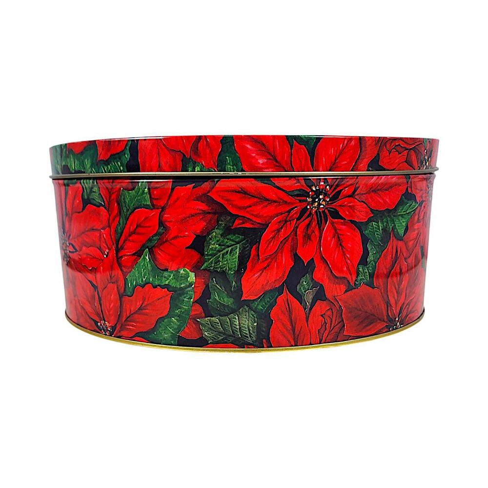 Red Poinsettia Floral Covered Christmas Metal Tin Round Containers, Set of 3 - Picture 4 of 9